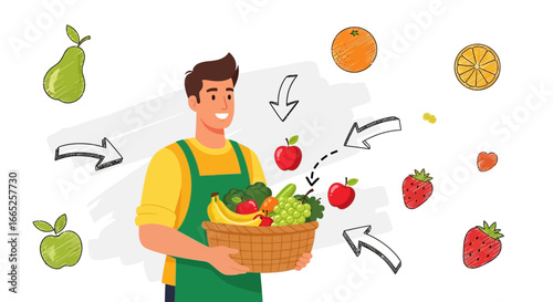 Illustration showcasing a farmer holding a basket filled with fresh produce and healthy products