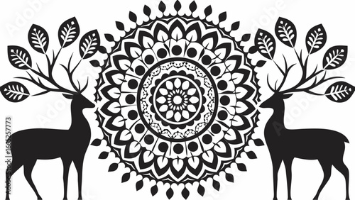 Two deers with leafy antlers flanking a circular mandala design in black and white monochrome style art |  editable eps vectors silhouette