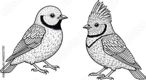 Two detailed bird illustrations one with a crest and the other with a black bib facing each other