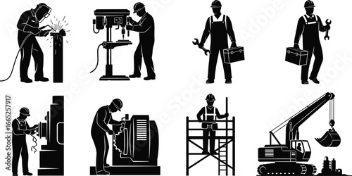 Construction workers, welding, machinery operation, drilling, scaffolding, heavy equipment, maintenance tools, industrial job site vector icons, engineering labor silhouettes