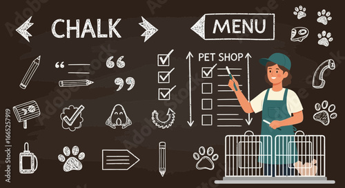 Illustration showcasing a pet shop menu and elements on a chalkboard background