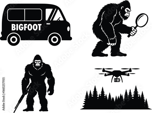 Bigfoot sasquatch van drone forest silhouette set for cryptozoology exploration and mystery