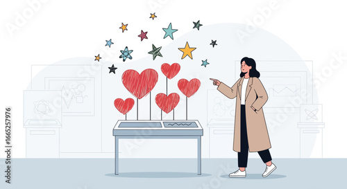 Illustration showcasing love and inspiration through art in a gallery setting with a viewer