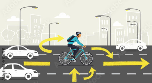 Illustration showing a cyclist navigating a road with cars and traffic arrows emphasizing safety