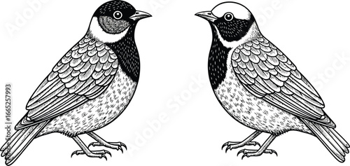 Two detailed engraving style birds facing each other on a white background showing intricate feather detail