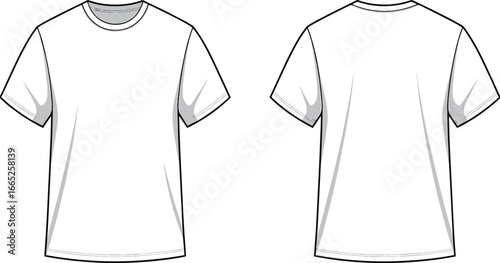 PrintBasic t-shirt front and back view, fashion flat sketch, vector clothing template, casual summer apparel design, technical drawing for garment production