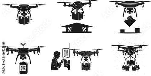 Drone Delivery Silhouettes – Package Transport, Parcel Drop, QR Code Scanning, Aerial Logistics, Contactless Shipping Vector Illustration Set