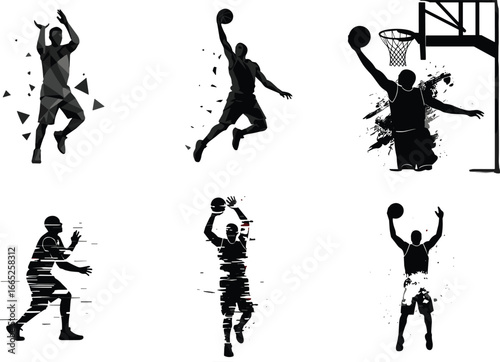 Dynamic basketball player silhouettes in action, slam dunk, jump shots, urban street style, modern sports motion effect vector illustrations