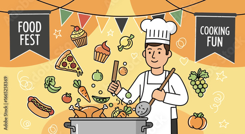 Illustrative depiction of a chef at a food festival with cooking elements and celebratory banners