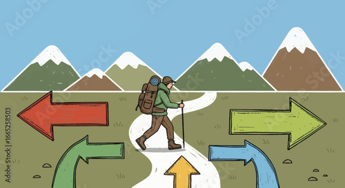 Illustrative depiction of a hiker facing multiple diverging paths ahead in the mountains