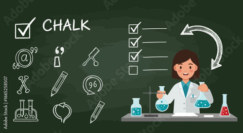 Illustrative depiction of a female scientist with chalk drawings on a blackboard portraying