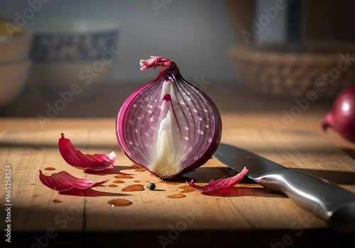 A halved red onion on a wooden cutting board with knife