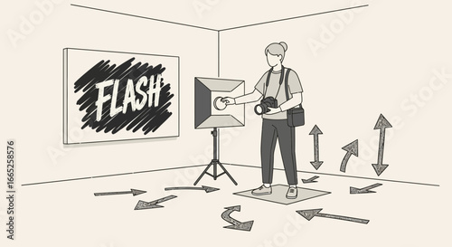 Illustrative depiction of a photographer adjusting studio lighting for a flash photography session