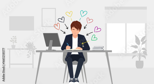 Illustrative depiction of a young man at his desk experiencing a surge of creative ideas
