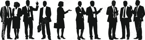Business people silhouettes vector illustration, corporate team meeting discussion, office professionals standing together, teamwork communication concept, collaboration design, workplace conversation