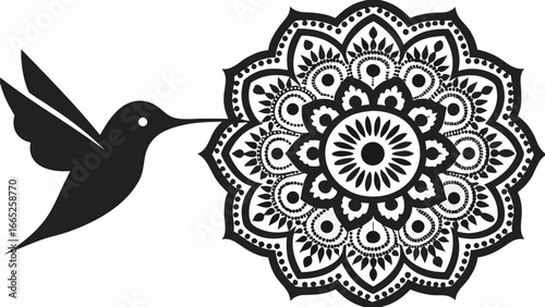 Silhouette of a hummingbird approaching a detailed mandala flower in black and white design concept art |  editable eps vectors