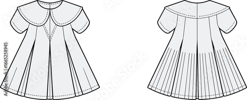 Children dress fashion flat sketch, cute baby girl frock design, vector clothing template, pleated dress front and back view illustration