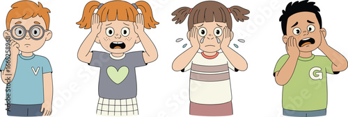 Children showing shocked, surprised, scared, worried expressions, diverse emotional reactions, cartoon illustration of kids facial expressions, isolated vector design for education