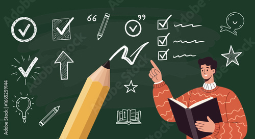 Illustrative teacher with book explaining checklist on blackboard with checks and sketches