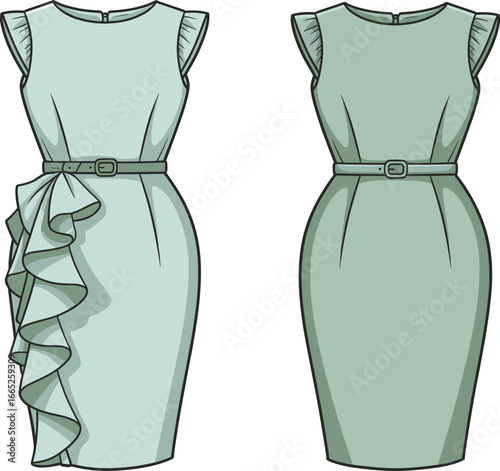 Elegant sleeveless dress design, fashion illustration, stylish women clothing template, modern dress with belt, ruffle detail, apparel vector illustration