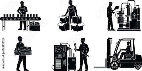 Industrial worker silhouettes, manufacturing, assembly line, packaging, forklift operator, machinery inspection, factory labor, heavy equipment, production process