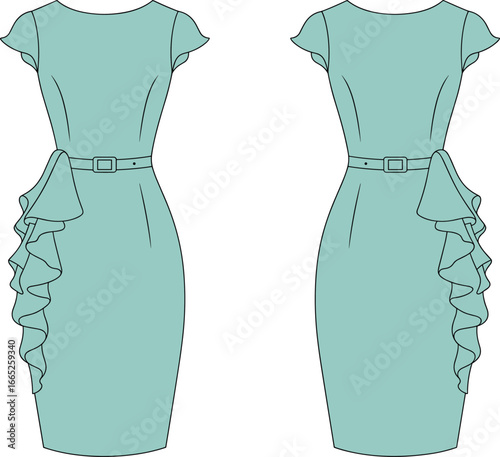 Elegant women bodycon dress with side ruffle detail, belted waist, cap sleeves, slim fit pencil silhouette, stylish formal evening wear