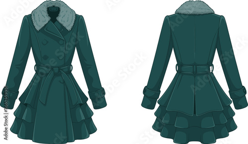 Elegant winter coat with fur collar, fashionable long sleeve outerwear, stylish women clothing design, warm layered jacket illustration, vector apparel