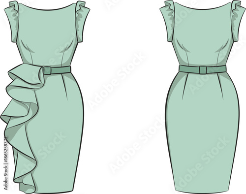 Elegant women’s dress illustration, front and back view, fashion clothing design, stylish outfit template, ruffle detail dress, apparel mockup, couture