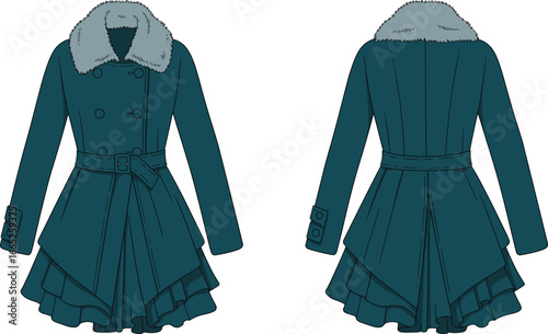 Elegant women’s winter coat flat sketch with faux fur collar, belted waist, double-breasted design template, fashionable outerwear clothing vector illustration