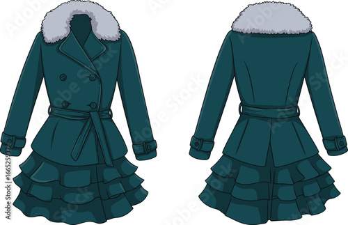 Elegant women winter coat with faux fur collar, double breasted button design, belted waist, layered ruffle hem, stylish fashion outerwear