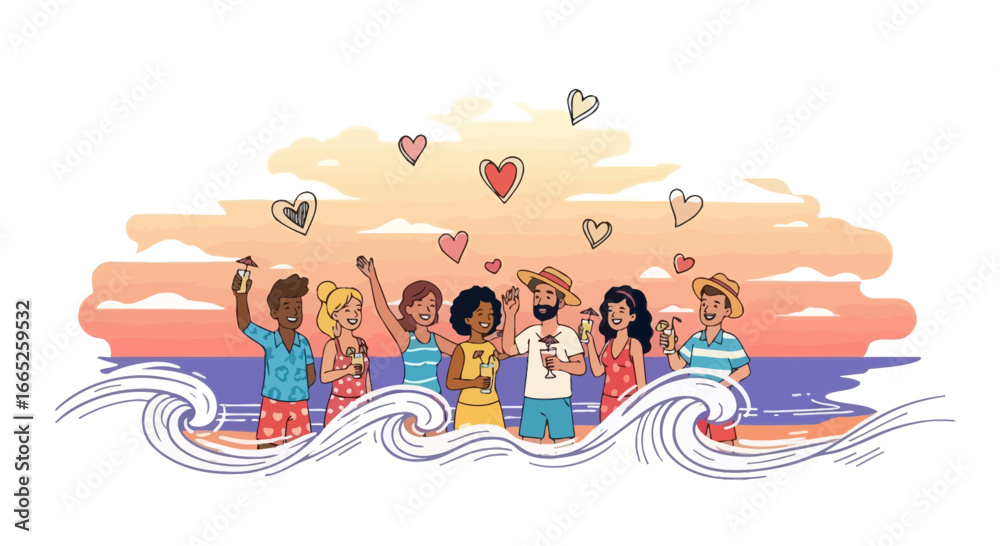 Fototapeta premium Joyful Diverse Group Enjoying Beach Vacation with Cocktails and Heart Embellishments