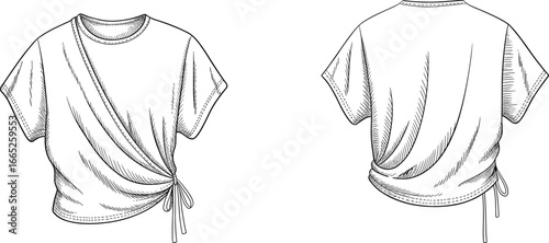 Fashionable women short sleeve t-shirt with side tie, stylish blouse design, casual summer top, modern apparel vector, trendy clothing illustration