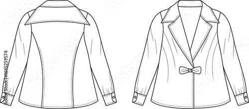 Fashionable women’s blazer jacket with stylish bow detail, long sleeves, classic lapel collar, front and back view fashion sketch illustration
