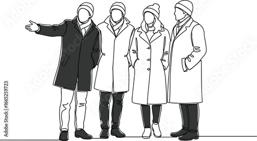Group of people in winter clothes, standing together, wearing coats and hats, outdoor fashion illustration, casual modern lifestyle vector