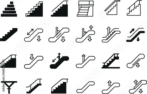 Set of stairs and escalator icons, black and white vector illustration, upstairs, downstairs, staircase, building access, public transportation, line and fill