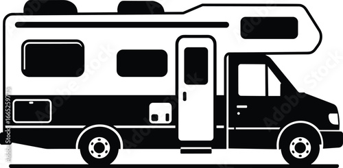 Black and white flat vector illustration of an RV, camper, motorhome, or recreational vehicle for road trip, camping, and outdoor vacation design