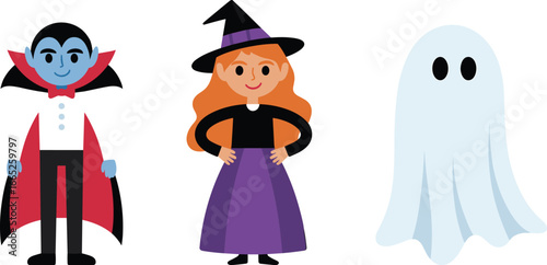 Halloween vampire illustration, cartoon witch character, cute ghost design, spooky costume collection, funny kids dress up, holiday celebration vector art
