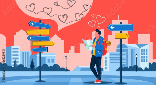 Lost in Love: A Traveler's Heart Guiding His Way Through a City Adventure