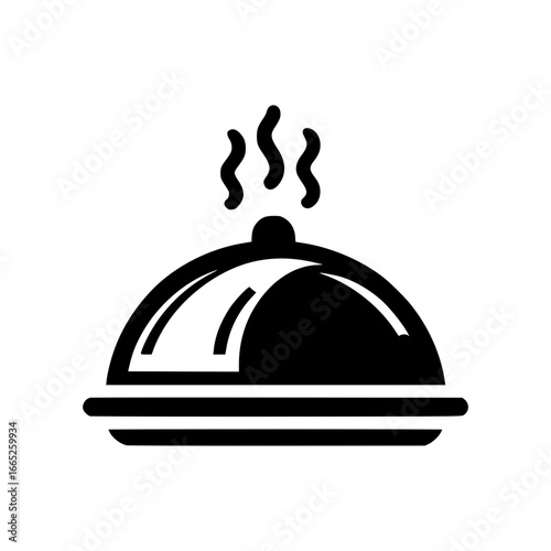 elegant serving dome with steam rising, which shows freshly cooked food black vector icon with transparent background 
