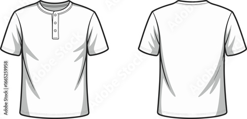 Henley t-shirt front and back view, fashion flat sketch, vector clothing template, casual summer apparel design, technical drawing for garment production
