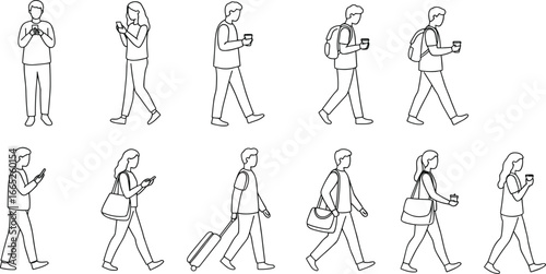 Line art walking people, modern commuters illustration, business travelers vector, office workers drawing, students with bags, coffee drinkers, lifestyle design concept