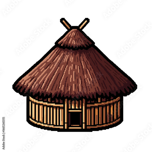 Stylized illustration of a traditional round thatched hut.
