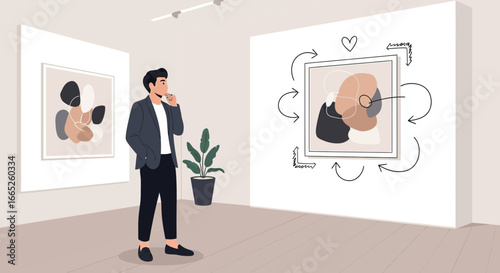 Man contemplating modern art in a gallery setting with abstract pieces and decorations adding