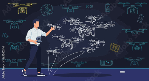 Man controlling drones concept illustration showcasing unmanned aerial vehicles technology and
