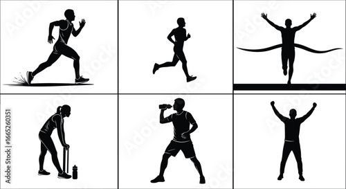 Running and fitness silhouette vector set, athletes training, jogging, finishing race, hydration, recovery, exercise, sports activity, workout icons