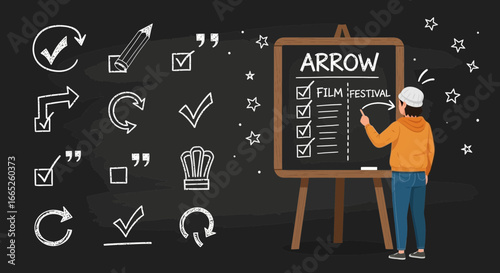 Man drawing arrow on blackboard showcasing film festival checklist illustration