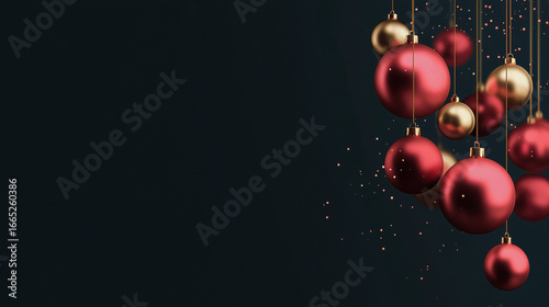 Beautiful red and gold  Christmas balls arranged artistically on a black background with elegant text space, symbolizing holiday joy, festivity, and modern seasonal design.