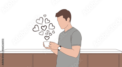 Man enjoying a cup of coffee with floating hearts emanating from the cup illustration