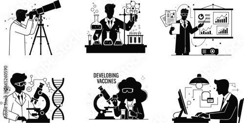 Scientific research and innovation illustrations, scientists using microscopes, telescopes, lab equipment, data analysis, vaccine development, and DNA exploration concepts.