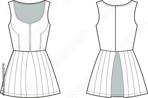 Sleeveless mini dress technical flat sketch, fitted bodice with scoop neckline, pleated skirt design, fashion template for garment illustration and design